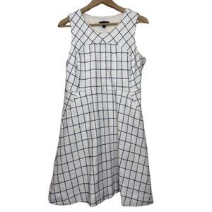 J CREW | White & Blue Window Pane Tweed Midi Dress with Pockets | Size 12P